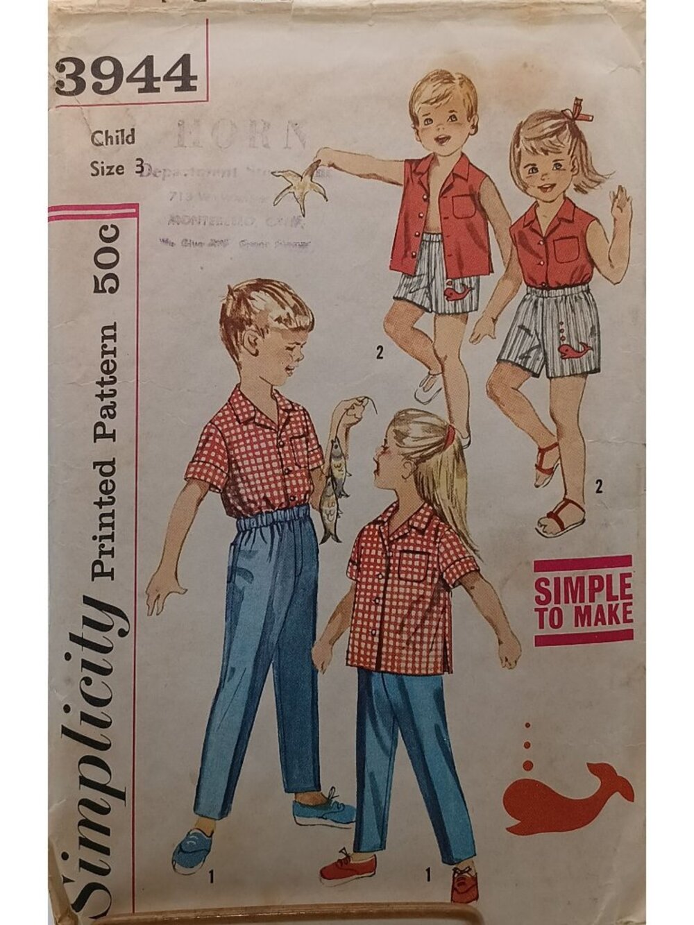 Simplicity 3944 Childs Shirt Boxer Shorts & Pants Sewing Pattern Size 3 Vintage